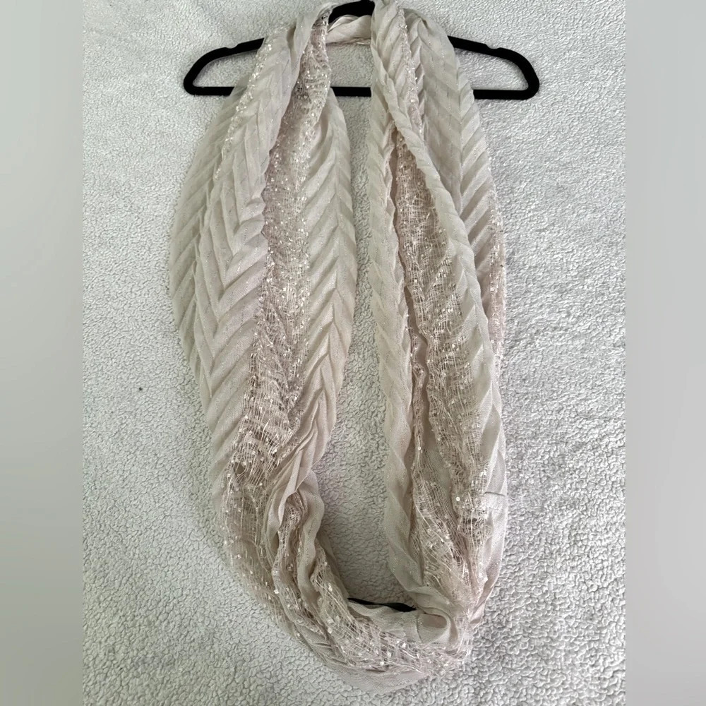 MixIt OS Infinity Loose Cowl Neck Looped Scarf Soft Rose Gold Ivory w/sequins.